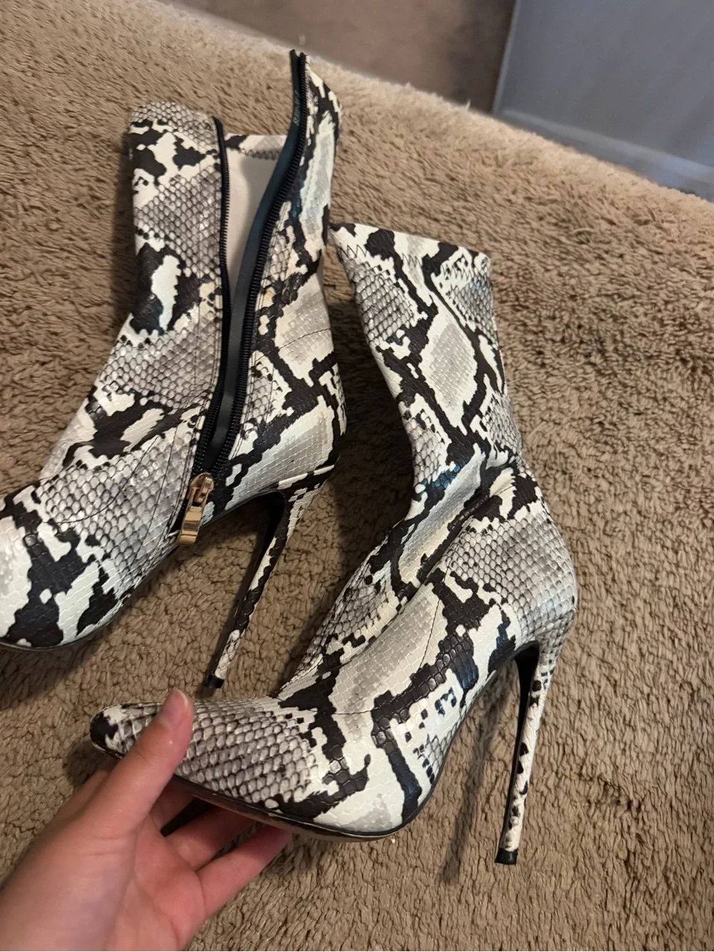 Python-Print Pointed Stiletto Ankle Boots - Black & White